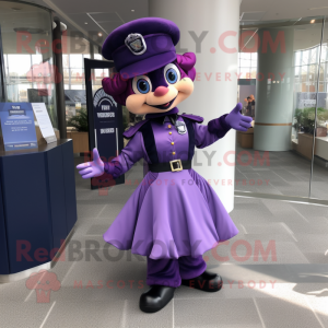 Purple Police Officer mascot costume character dressed with a Ball Gown and Bow ties