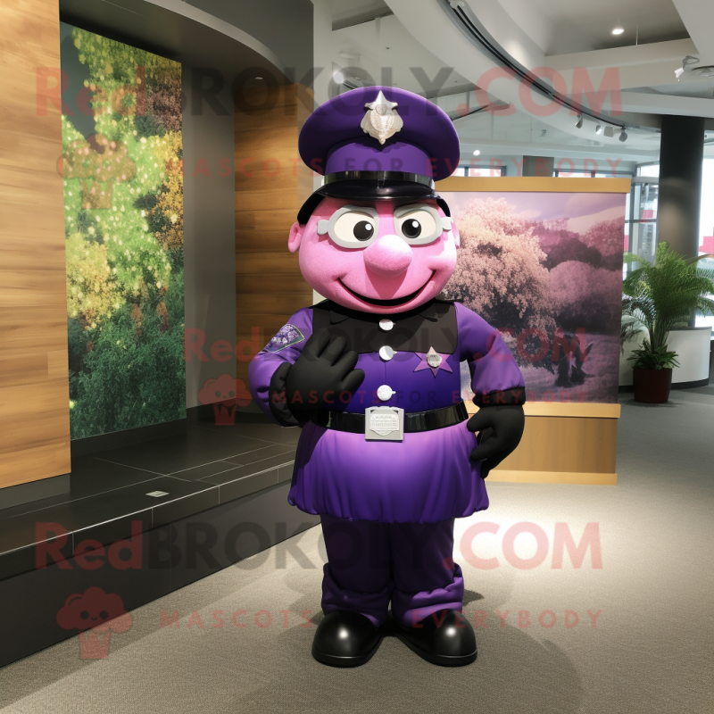 Purple Police Officer mascot costume character dressed with a Ball Gown and Bow ties