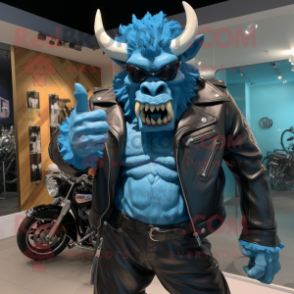 Sky Blue Minotaur mascot costume character dressed with a Biker Jacket and Belts