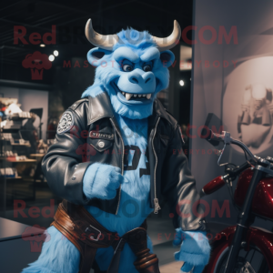 Sky Blue Minotaur mascot costume character dressed with a Biker Jacket and Belts