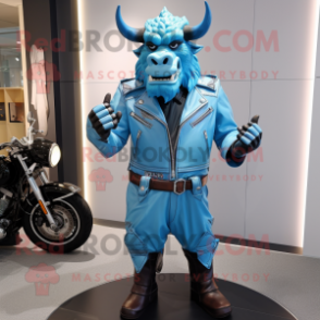 Sky Blue Minotaur mascot costume character dressed with a Biker Jacket and Belts