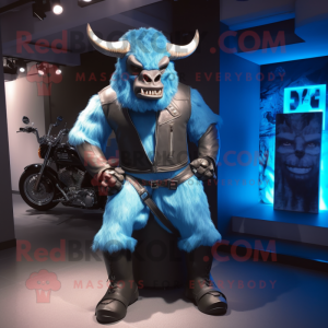 Sky Blue Minotaur mascot costume character dressed with a Biker Jacket and Belts