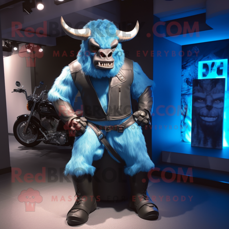 Sky Blue Minotaur mascot costume character dressed with a Biker Jacket and Belts Sky Blue Minotaur mascot costume character dressed with a Biker Jacket and Belts