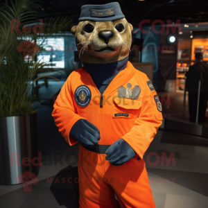 Orange Navy Seal mascot costume character dressed with a Polo Shirt and Lapel pins