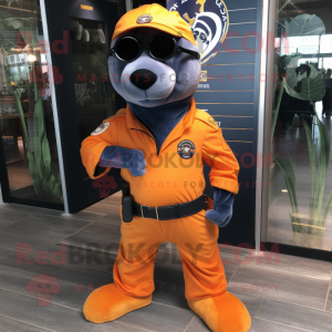 Orange Navy Seal mascot costume character dressed with a Polo Shirt and Lapel pins