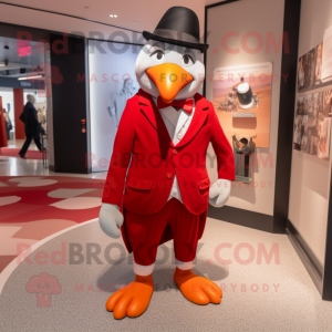 Red Penguin mascot costume character dressed with a Suit Jacket and Berets