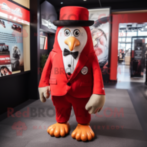 Red Penguin mascot costume character dressed with a Suit Jacket and Berets