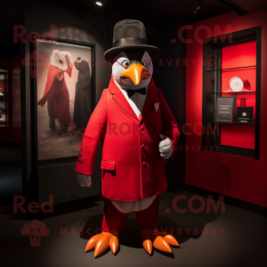 Red Penguin mascot costume character dressed with a Suit Jacket and Berets