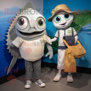 Silver Fish Tacos mascot costume character dressed with a Henley Tee and Handbags