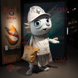 Silver Fish Tacos mascot costume character dressed with a Henley Tee and Handbags