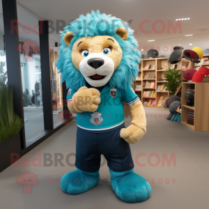 Turquoise Lion mascot costume character dressed with a Rugby Shirt and Suspenders