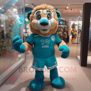 Turquoise Lion mascot costume character dressed with a Rugby Shirt and Suspenders