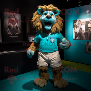 Turquoise Lion mascot costume character dressed with a Rugby Shirt and Suspenders