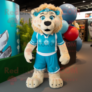 Turquoise Lion mascot costume character dressed with a Rugby Shirt and Suspenders