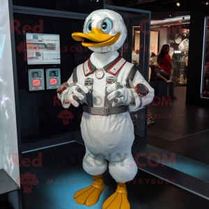 Silver Muscovy Duck mascot costume character dressed with a Trousers and Smartwatches