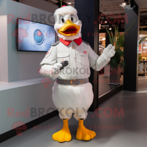 Silver Muscovy Duck mascot costume character dressed with a Trousers and Smartwatches
