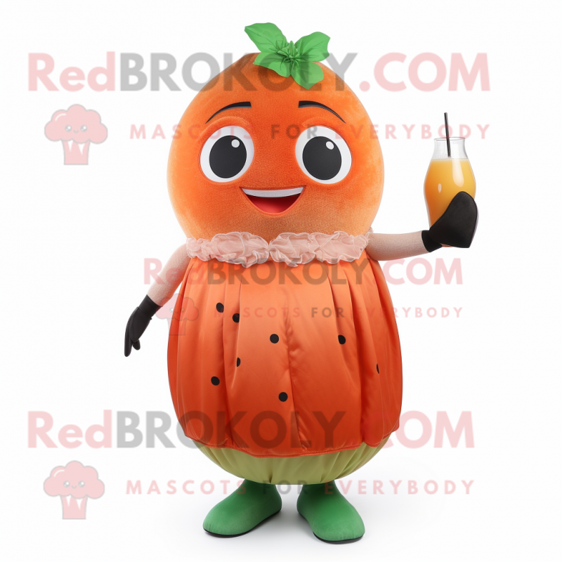 Rust Melon mascot costume character dressed with a Cocktail Dress and Mittens Rust Melon mascot costume character dressed with a Cocktail Dress and Mittens