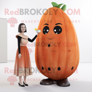 Rust Melon mascot costume character dressed with a Cocktail Dress and Mittens