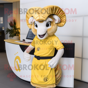 Gold Ram mascot costume character dressed with a Pencil Skirt and Caps