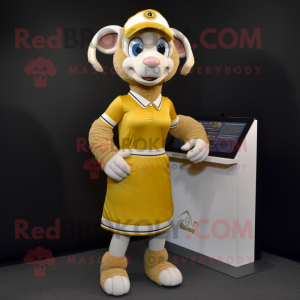 Gold Ram mascot costume character dressed with a Pencil Skirt and Caps