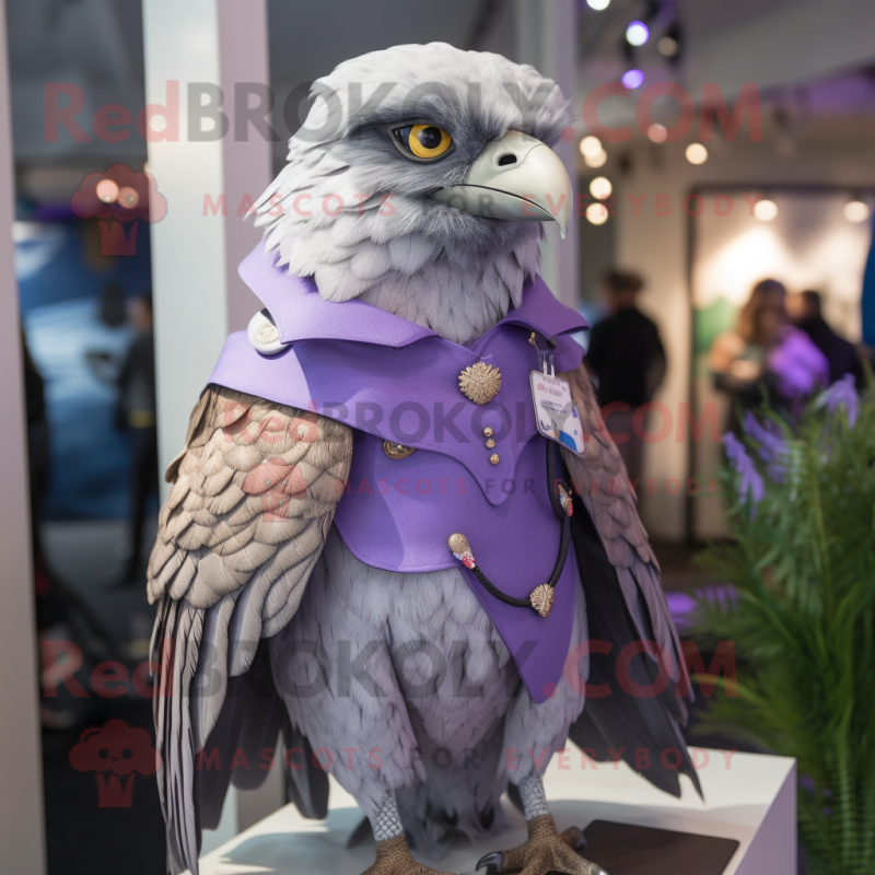 Lavender Falcon mascot costume character dressed with a Coat and Brooches