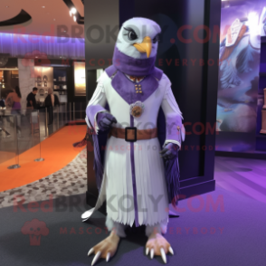Lavender Falcon mascot costume character dressed with a Coat and Brooches