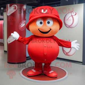 Red Baseball Ball mascot costume character dressed with a A-Line Dress and Beanies