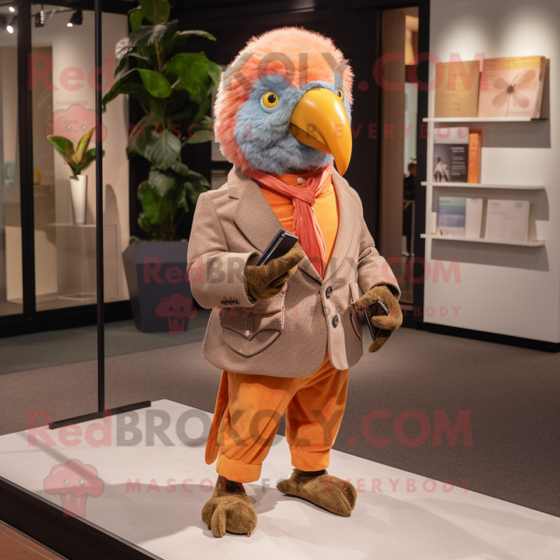 Peach Parrot mascot costume character dressed with a Corduroy Pants and Pocket squares