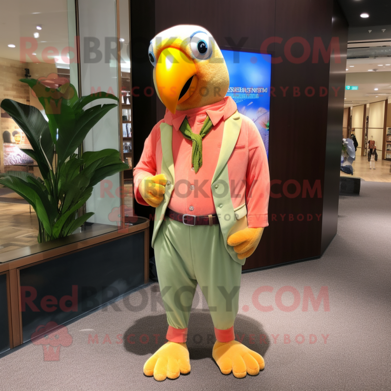 Peach Parrot mascot costume character dressed with a Corduroy Pants and Pocket squares