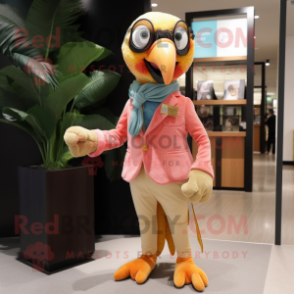 Peach Parrot mascot costume character dressed with a Corduroy Pants and Pocket squares