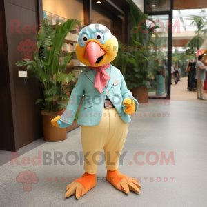 Peach Parrot mascot costume character dressed with a Corduroy Pants and Pocket squares