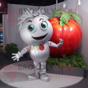 Silver Tomato mascot costume character dressed with a V-Neck Tee and Hair clips