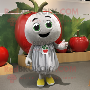 Silver Tomato mascot costume character dressed with a V-Neck Tee and Hair clips