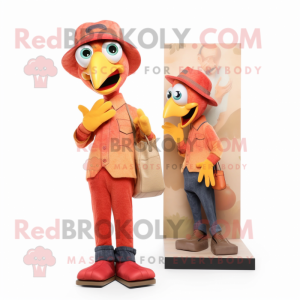 Peach Woodpecker mascot costume character dressed with a Bootcut Jeans and Earrings