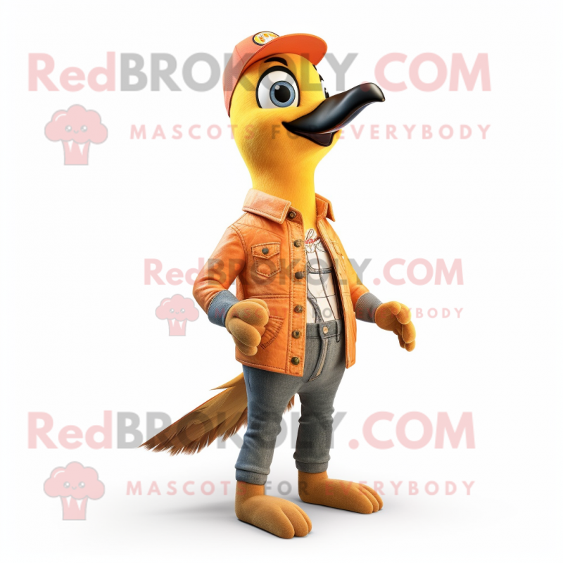 Peach Woodpecker mascot costume character dressed with a Bootcut Jeans and Earrings