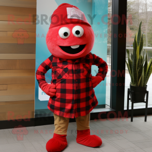 Red Ice mascot costume character dressed with a Flannel Shirt and Scarves
