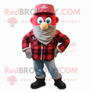 Red Ice mascot costume character dressed with a Flannel Shirt and Scarves