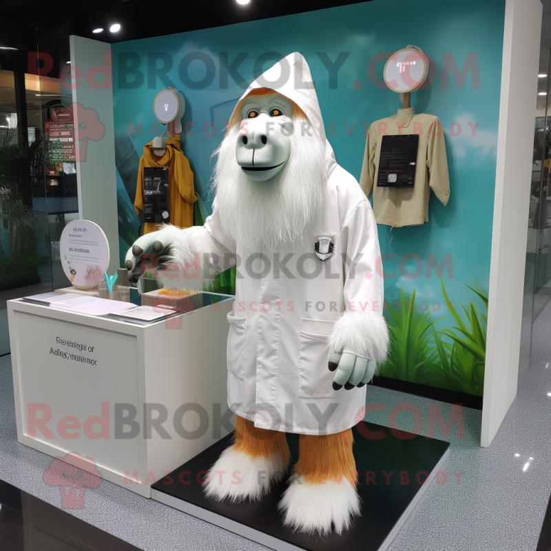 White Orangutan mascot costume character dressed with a Raincoat and Brooches White Orangutan mascot costume character dressed with a Raincoat and Brooches