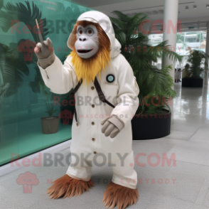 White Orangutan mascot costume character dressed with a Raincoat and Brooches