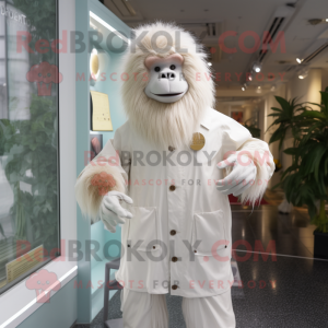 White Orangutan mascot costume character dressed with a Raincoat and Brooches