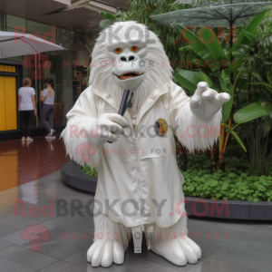 White Orangutan mascot costume character dressed with a Raincoat and Brooches