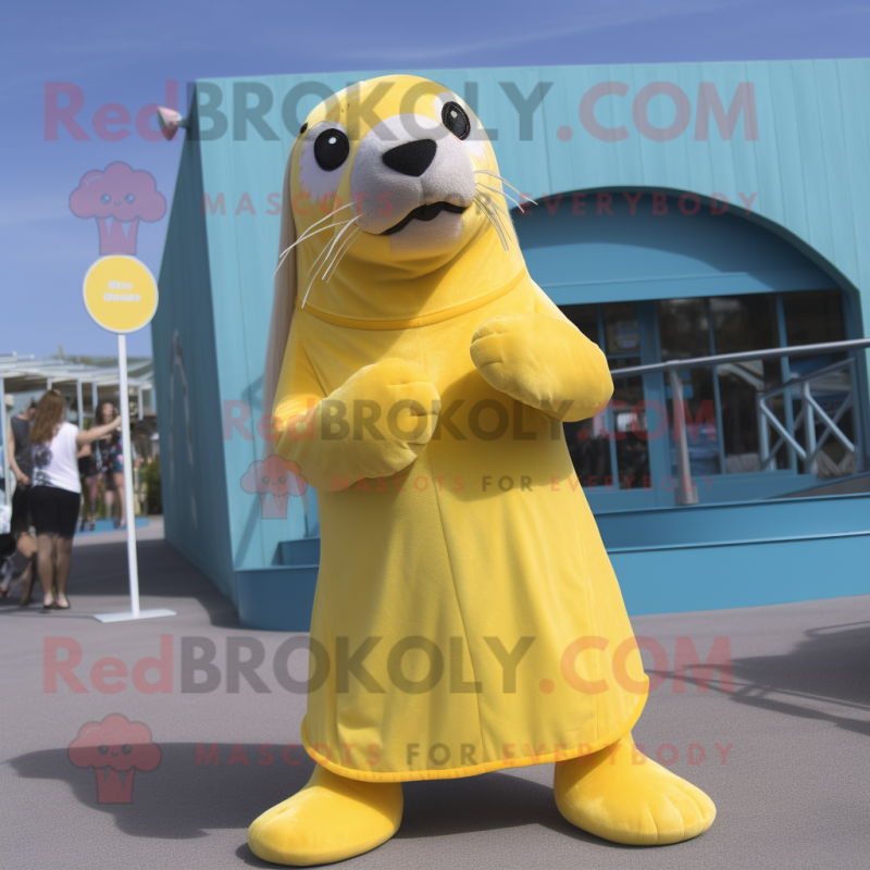 Lemon Yellow Sea Lion mascot costume character dressed with a Bikini and Shoe laces