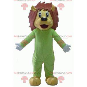 Gul og brun løve maskot i grønn kombinasjon