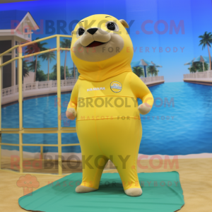Lemon Yellow Sea Lion mascot costume character dressed with a Bikini and Shoe laces