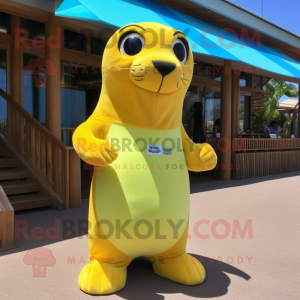 Lemon Yellow Sea Lion mascot costume character dressed with a Bikini and Shoe laces