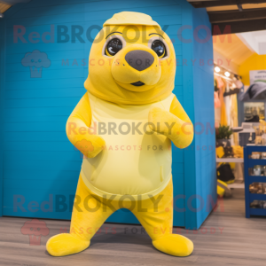Lemon Yellow Sea Lion mascot costume character dressed with a Bikini and Shoe laces