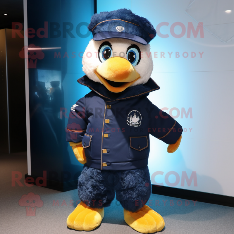 Navy Alliance mascot costume character dressed with a Windbreaker and Shawl pins Navy Alliance mascot costume character dressed with a Windbreaker and Shawl pins