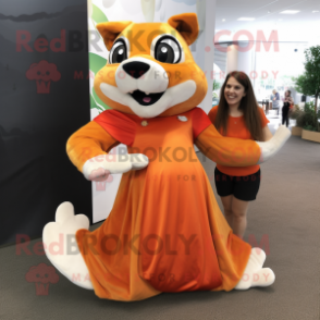 Orange Flying Squirrel mascot costume character dressed with a Maxi Skirt and Shoe laces