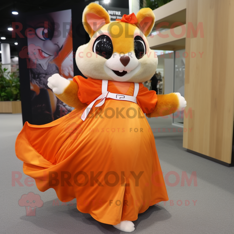 Orange Flying Squirrel mascot costume character dressed with a Maxi Skirt and Shoe laces