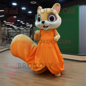 Orange Flying Squirrel mascot costume character dressed with a Maxi Skirt and Shoe laces